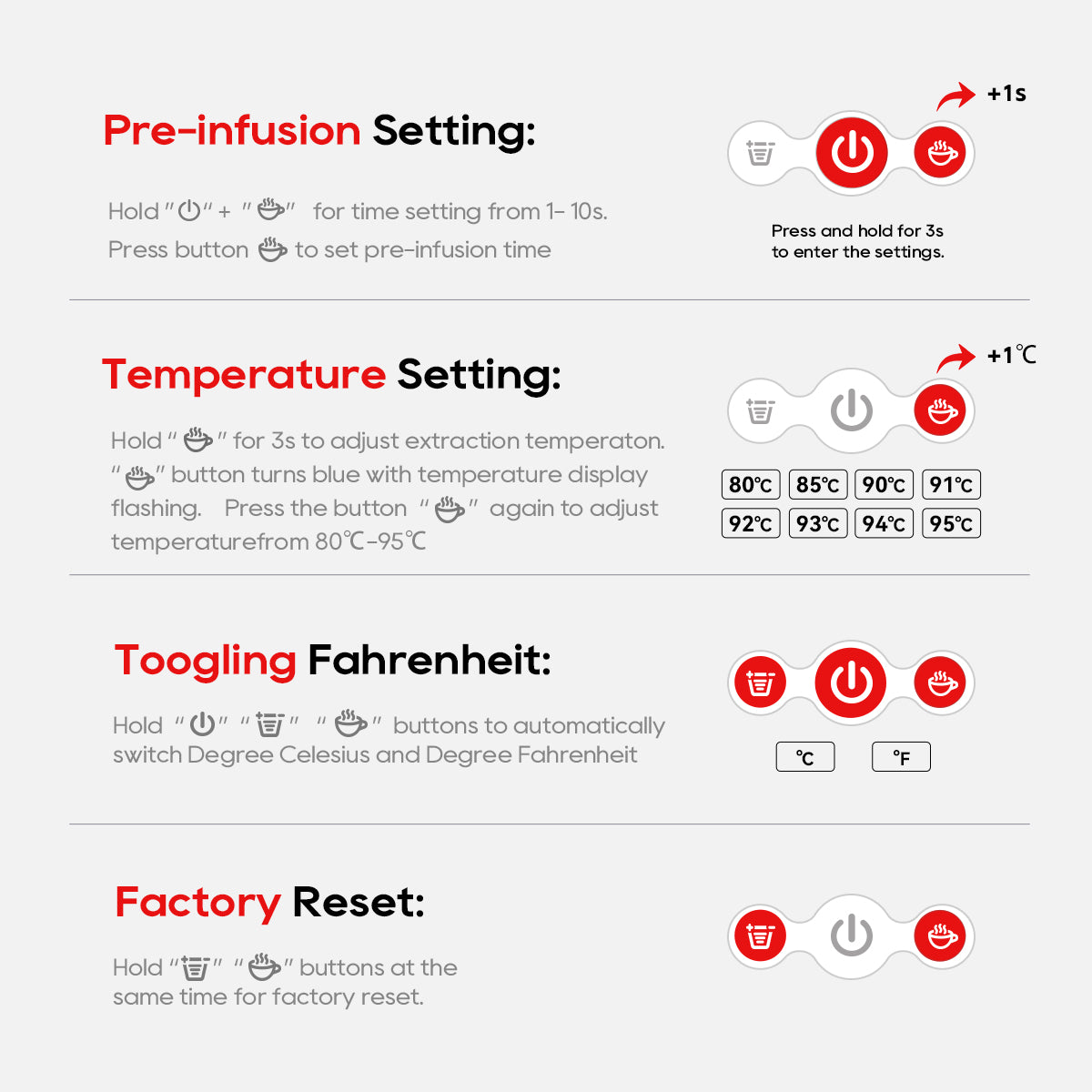 HiBREW coffee machine settings for pre-infusion and temperature control.