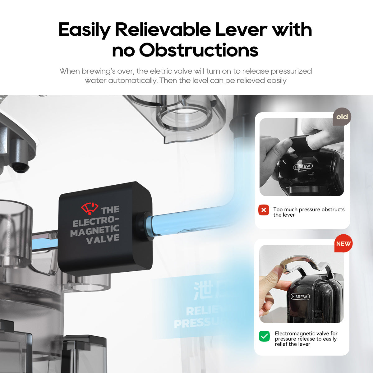 HiBREW coffee machine with easy-release lever and pressure valve.