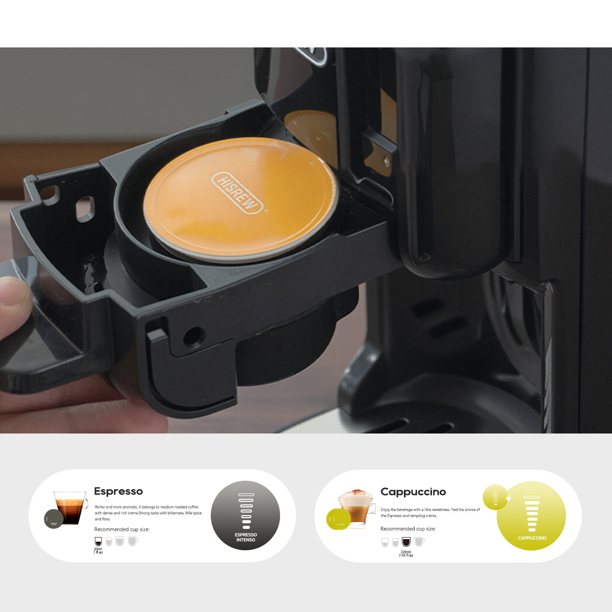 Espresso and cappuccino cup size recommendations for HiBREW