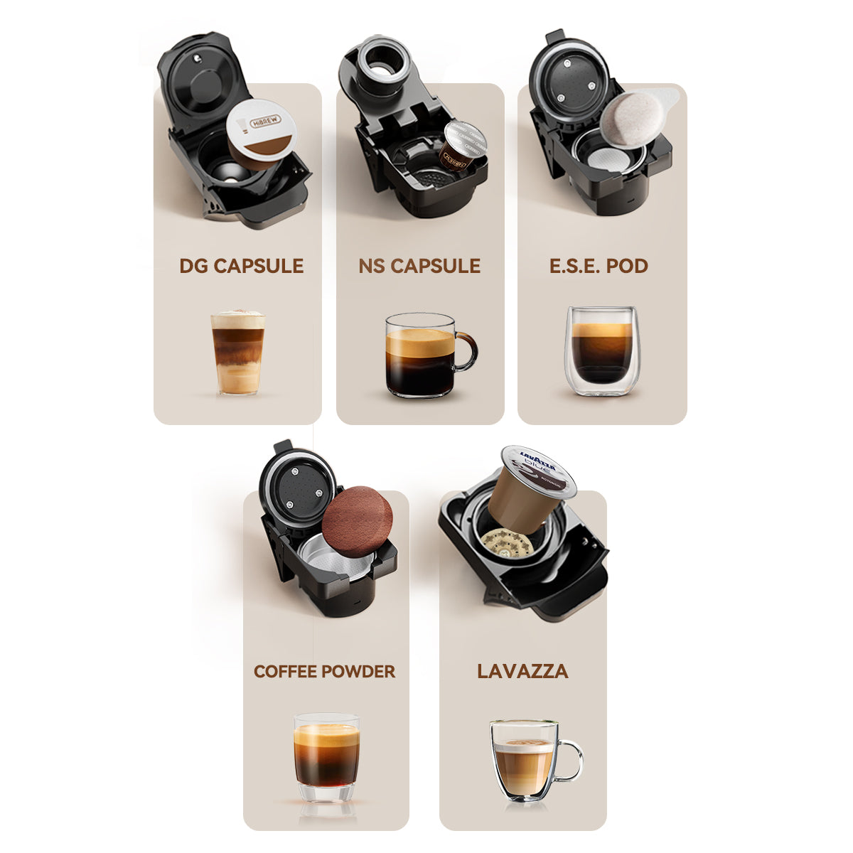 HiBREW machine with LAVAZZA coffee capsules and adapters.